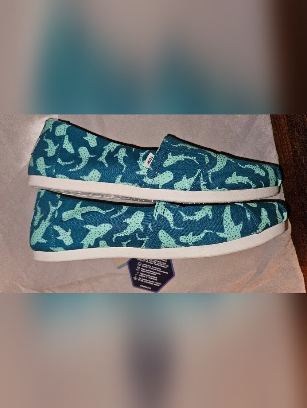 Toms Teal Canvas Slip-Ons with Mint Shark Pattern - Picture 5 of 6
